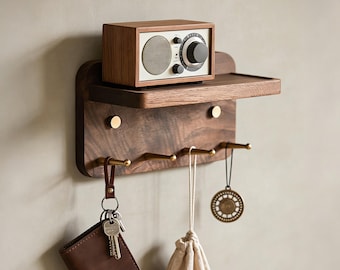 Massiver Walnuss-Walnuss-Schlüsselhalter, Garderobenhaken aus Messing