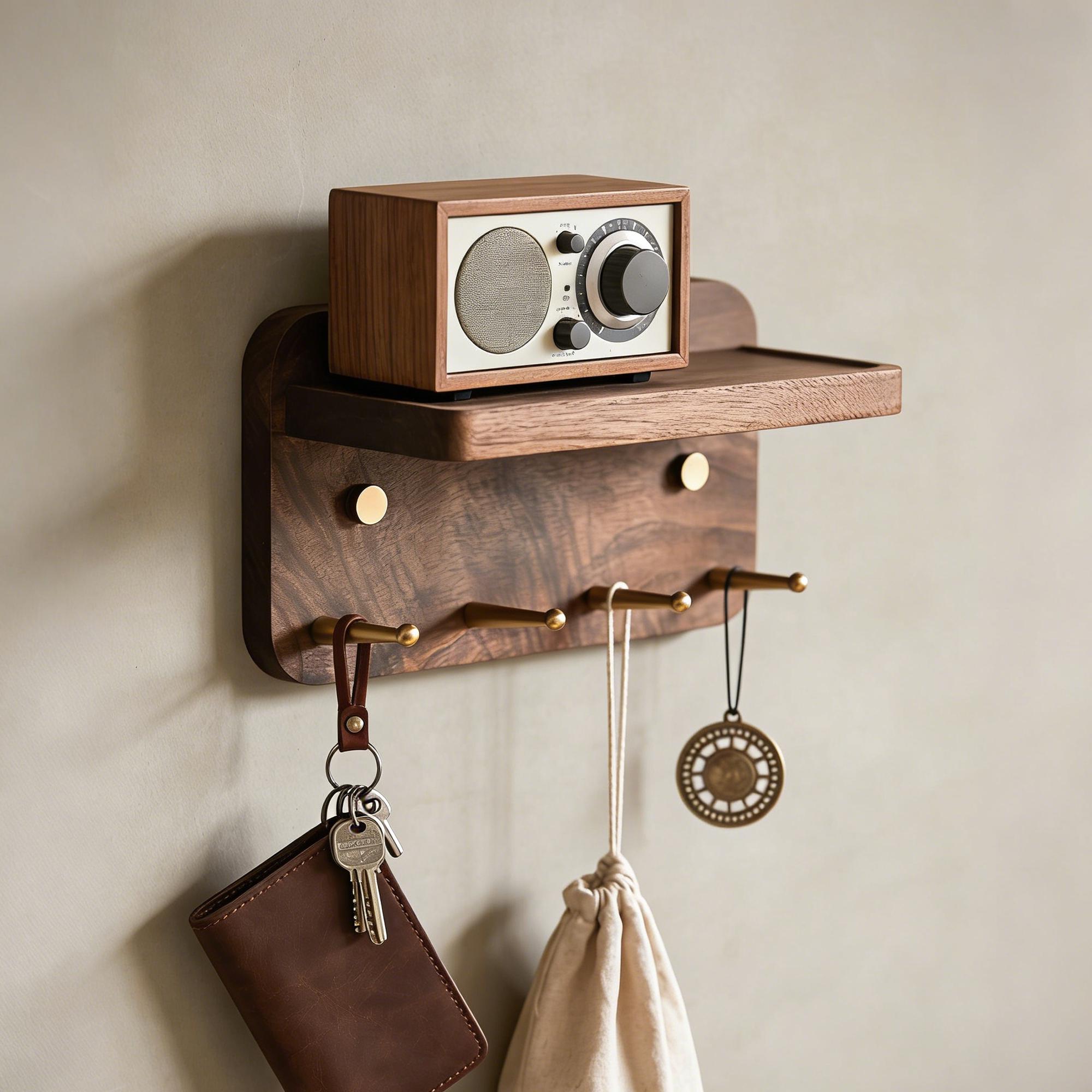 Solid Walnut Key Rack With Shelf, Brass Hooks, Magnetic Key Holder ...