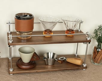 Adjustable Countertop Shelf,Solid Walnut Coffee Station Organizer,Industrial Metal Accents