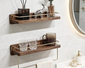 Regal aus Massivholz mit Handtuchhalter aus Messing, Badezimmer-Organizer, an der Wand befestigte Aufbewahrung
