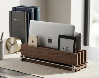 Supporto per laptop in legno massello di noce e ciliegio, organizer verticale da scrivania, rack salvaspazio (2/3 slot)