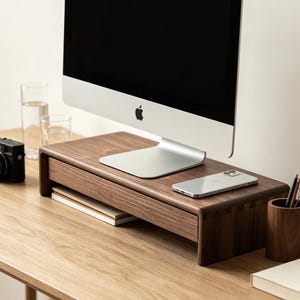 Peut inclure: Un support d'écran en bois brun foncé avec un tiroir intégré, présentant des bords arrondis et des assemblages visibles. Le support soutient un écran d'ordinateur argenté, tandis qu'un smartphone repose sur sa surface et un carnet est rangé dessous.