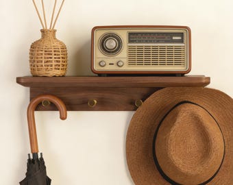 Massivholz Regal mit Messinghaken, Walnuss / Buche-Organizer