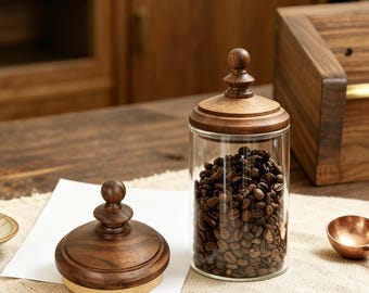 Coffee Bean Container with Walnut Wood Lid, Glass Storage Jar, Kitchen Coffee Bar Decor, Farmhouse Canister Station