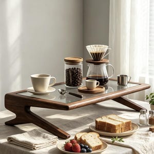 May include: A low-profile wooden coffee table with a glass top surface holding a glass coffee carafe with a dripper, a glass jar filled with coffee beans, a metal scoop, and two cream-coloured ceramic cups on saucers, with bread and fruit nearby.