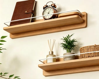 Solid Wood Floating Shelf Bathroom,Wall Mounted Storage Shelves with Hooks,Kitchen Entryway Toiletry Organizer