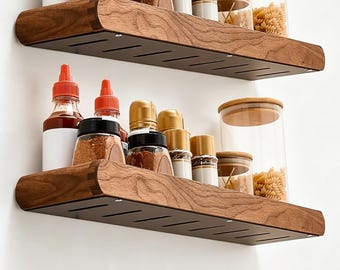Schwebendes Regal Nussbaum Buchenholz, Wand Gewürzregal, Bad Organizer, Küchen Aufbewahrung, Massivholz, Modernes Dekor