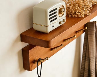 Massivholz Eingangsregal mit Haken, Eiche Buche Walnuss Schlüsselhalter, Handtuchhalter