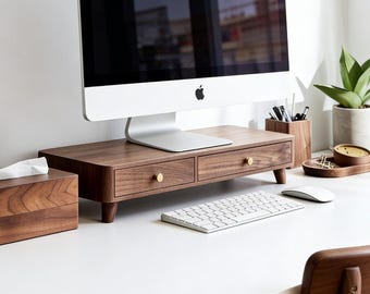 Monitorständer aus massivem Walnussholz mit Schubladen, ergonomischer Schreibtisch Organizer, Messingbeschläge