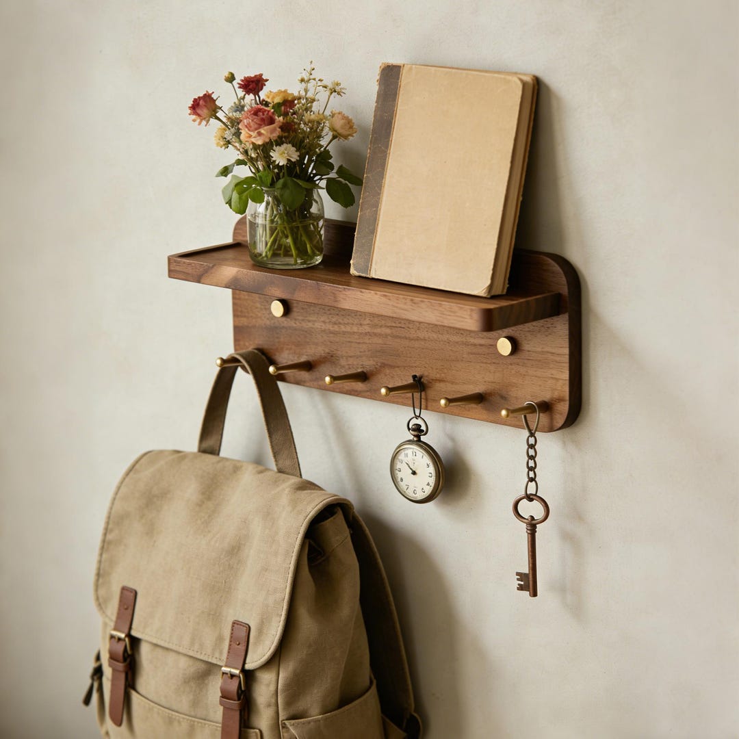 Solid Walnut Key Rack With Shelf, Brass Hooks, Magnetic Key Holder ...