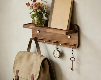 Solid Walnut Key Rack with Shelf, Brass Hooks, Magnetic Key Holder, Entryway Organizer