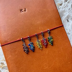 May include: Five metal charms shaped like clusters of grapes, each featuring small beads in purple, blue, yellow, red, and green. The charms are attached to a thin red elastic band stretched across a tan leather notebook cover embossed with the letters KJ.