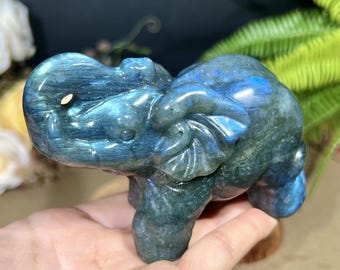 Figura de elefante de labradorita azul natural, adorno animal de cristal tallado a mano, decoración curativa.