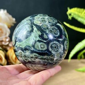 Può includere: Una sfera di pietra preziosa lucidata con un motivo unico di cerchi verde scuro e neri. La sfera è tenuta in una mano, evidenziando la sua superficie liscia e riflettente. L'estetica generale suggerisce un oggetto decorativo naturale.