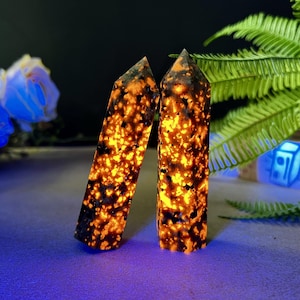 Puede incluir: Dos torres de cristal de sodalita pulidas y verticales. Los cristales tienen un patr&oacute;n moteado de naranja y negro, con una apariencia brillante e iluminada. Los cristales est&aacute;n colocados sobre un fondo oscuro con follaje verde.