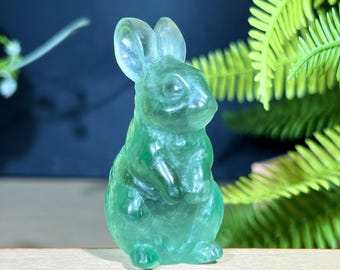 Figura de conejo de fluorita verde natural, decoración espiritual de cristal tallada a mano, regalo de colección de cristal