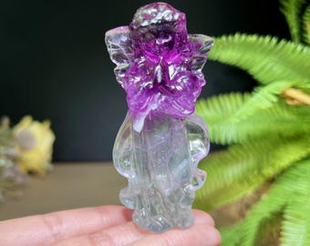 Escultura de fada em fluorita arco-íris natural, estatueta de cristal esculpida à mão, decoração espiritual para casa.