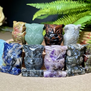 May include: A collection of carved owl figurines in various colors and textures. The owls are made from different types of stone, including blue, green, brown, and purple. Each owl has detailed features and sits upright.