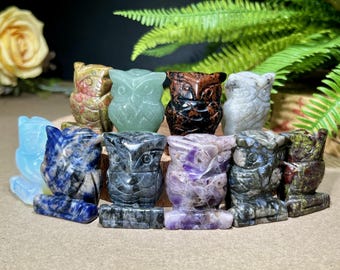 Hand Carved Natural Crystal Owl Figurine, Healing Gemstone Animal Ornament