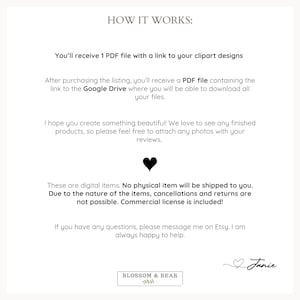 May include: A white page with the text "HOW IT WORKS:" and details about receiving a PDF file with clipart designs. Includes a black heart graphic and the Blossom & Bear logo. The text states that digital items are sold and no physical item will be shipped.