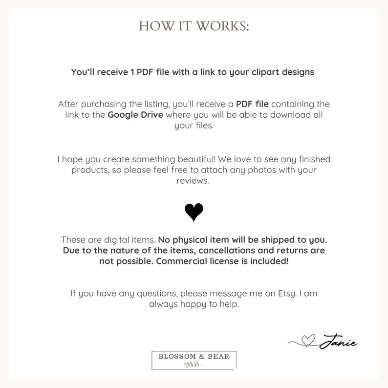 May include: A white page with the text "HOW IT WORKS:" and details about receiving a PDF file with clipart designs. Includes a black heart graphic and the Blossom & Bear logo. The text states that digital items are sold and no physical item will be shipped.
