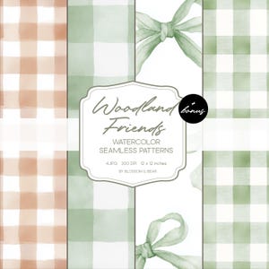May include: Watercolor seamless patterns in shades of brown and green, featuring a gingham design. The image includes the text "Woodland Friends" and "Watercolor Seamless Patterns". The patterns are 12 x 12 inches.