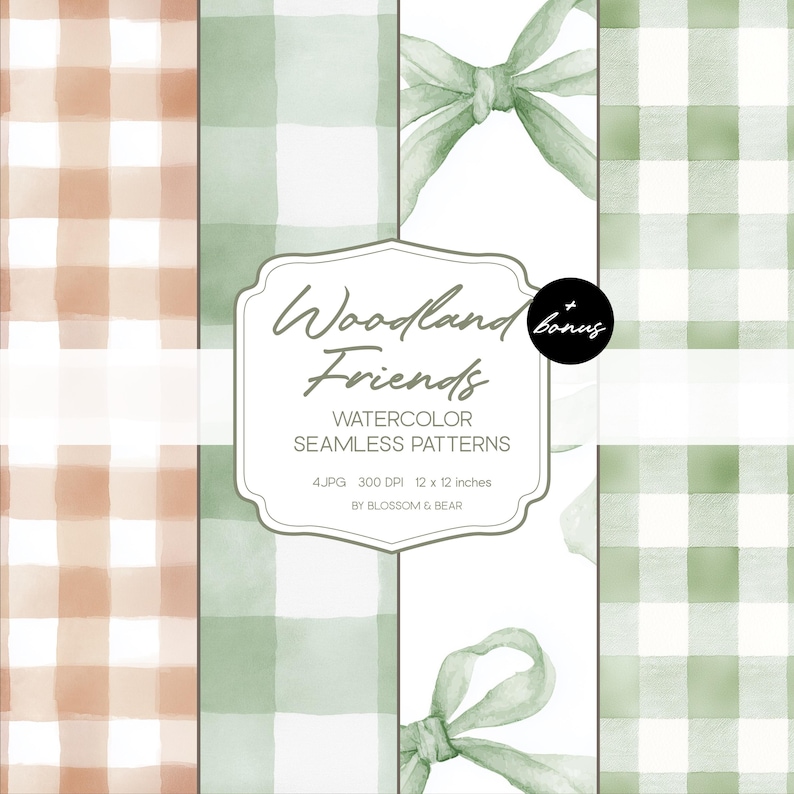 May include: Watercolor seamless patterns in shades of brown and green, featuring a gingham design. The image includes the text "Woodland Friends" and "Watercolor Seamless Patterns". The patterns are 12 x 12 inches.