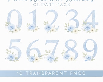 Blue Floral Numbers 0-9 – Watercolor Baby Nursery Art (PNG Digital Download)