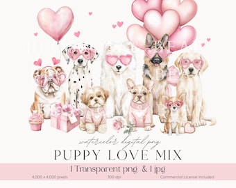 Watercolor Valentine Dogs PNG Clipart, Heart Sunglasses (Digital Download)