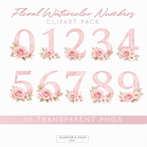 Puede incluir: Conjunto de números de acuarela del 0 al 9 en un tono rosa suave. Cada número está adornado con delicadas rosas rosas, pequeñas flores blancas y hojas verdes. El texto dice "Floral Watercolor Numbers" y "Clipart Pack".