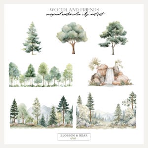 May include: Watercolor clip art set featuring various trees, a waterfall scene, and forest landscapes. The artwork includes a variety of green and brown tones, with the text "WOODLAND FRIENDS original watercolor clip art set" and "BLOSSOM & BEAR".
