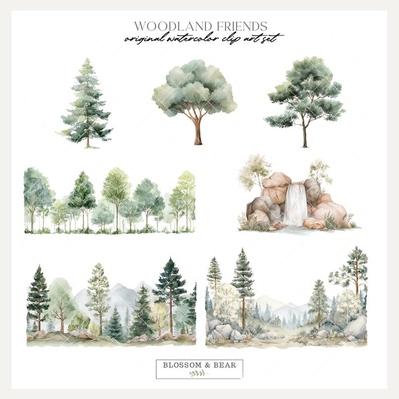 May include: Watercolor clip art set featuring various trees, a waterfall scene, and forest landscapes. The artwork includes a variety of green and brown tones, with the text "WOODLAND FRIENDS original watercolor clip art set" and "BLOSSOM & BEAR".