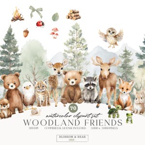 Imágenes prediseñadas de animales del bosque, animales del bosque en acuarela PNG, crías de animales del bosque, imágenes prediseñadas para guardería, bebés del bosque, ciervo, oso, zorro y mapache