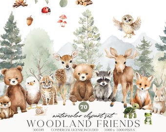 Woodland Animals Clipart, Watercolor Forest Animals PNG, Forest Baby Animals, Nursery Clipart, Woodland Babies, Deer Bear Fox Racoon