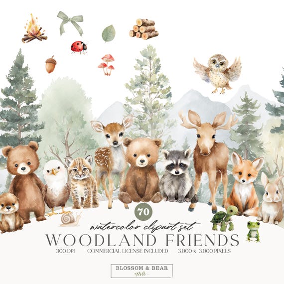 Woodland Animals Clipart, Watercolor Forest Animals PNG, Forest Baby Animals, Nursery Clipart, Woodland Babies, Deer Bear Fox Racoon