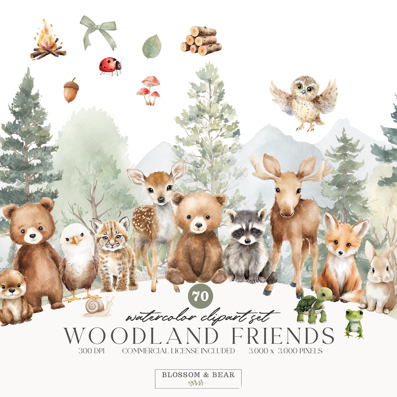 May include: Watercolor clipart set featuring woodland animals including a bear, deer, raccoon, fox, owl, and more. The image includes a forest background with trees and mountains, and the text "WOODLAND FRIENDS".