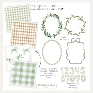May include: Watercolor clip art set titled "Woodland Friends" featuring frames, numbers, and seamless patterns. Includes green and brown gingham patterns, bows, and botanical wreaths. The set includes watercolor numbers 1-0.