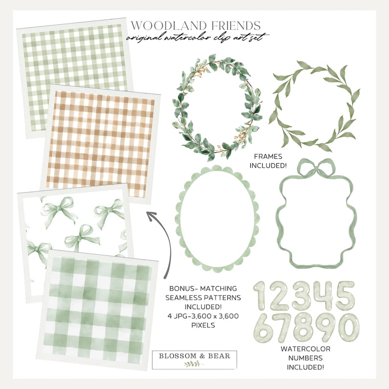 May include: Watercolor clip art set titled "Woodland Friends" featuring frames, numbers, and seamless patterns. Includes green and brown gingham patterns, bows, and botanical wreaths. The set includes watercolor numbers 1-0.