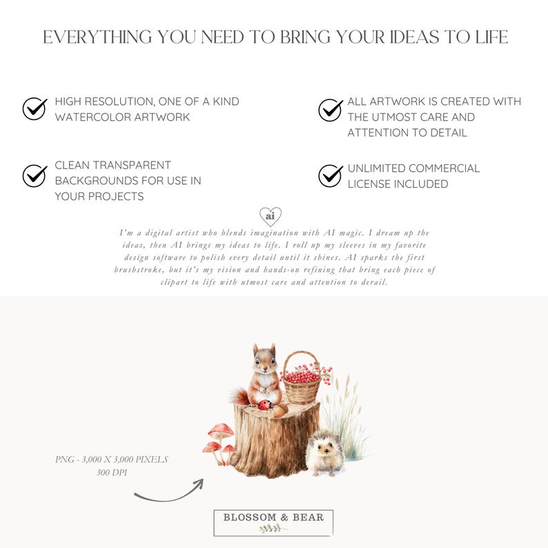 May include: Watercolor illustration featuring a squirrel, hedgehog, and basket of berries on a tree stump. Red mushrooms and tall grass are also present. The text "Everything You Need to Bring Your Ideas to Life" is at the top.