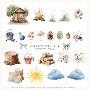 May include: Watercolor illustrations of woodland elements, including a cabin, campfire, mushrooms, berries, and floral arrangements. The text "WHAT'S INCLUDED: 70 transparent png files" is also present. The overall theme is nature and rustic design.