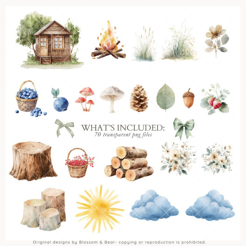 May include: Watercolor illustrations of woodland elements, including a cabin, campfire, mushrooms, berries, and floral arrangements. The text "WHAT'S INCLUDED: 70 transparent png files" is also present. The overall theme is nature and rustic design.