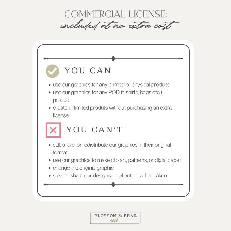May include: A cream-colored graphic with the text "COMMERCIAL LICENSE: included at no extra cost." The graphic lists what you can and cannot do with the graphics, including using them for printed products and POD items.