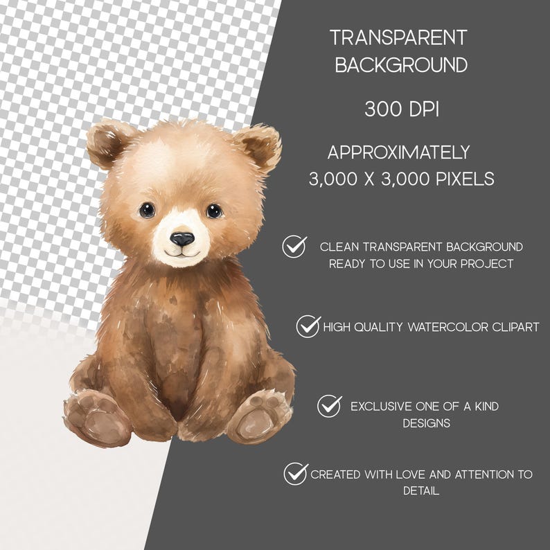 May include: Watercolor illustration of a brown teddy bear with a transparent background. The bear is sitting with its paws forward. The image includes text: Transparent Background, 300 DPI, High Quality Watercolor Clipart.