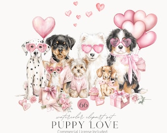 Valentine Dog Watercolor Clipart, Puppy Love PNG Bundle, Digital Download