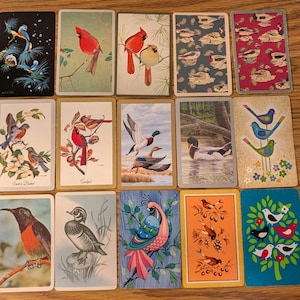 May include: A collection of vintage playing cards featuring colorful illustrations of various birds. The cards showcase a variety of bird species, including cardinals, ducks, and other songbirds, set against different backgrounds. The cards are arranged on a wooden surface.