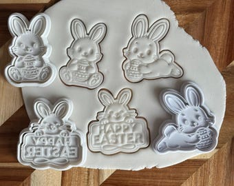 Easter Bunny Cookie Cutters, Happy Easter Stamp Fondant Biscuit Molds (Set of 3)