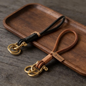 Minimal Thin Leather Cord Keychain, Multi Ring Brass Hardware Wrist Strap, Neutral Simple Key Ring Gift for Men Women