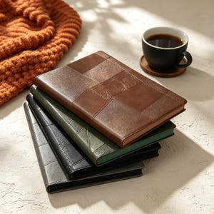 Custom Name Patchwork Leather Journal Notebook | Stitched Grid Cover Diary, Personalized Gift for Office Adult Graduation