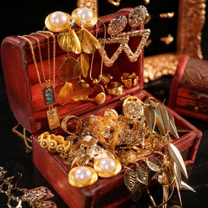 May include: A wooden treasure chest overflowing with gold jewelry. The collection includes necklaces, earrings, rings, and brooches. The jewelry features pearls, leaf designs, and intricate patterns. The chest is red with a dark background.