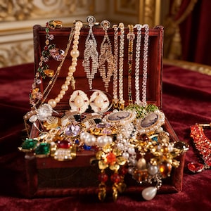 Könnte beinhalten: Eine hölzerne Schmuckschatulle, überfüllt mit einer Auswahl an Vintage-Schmuck. Die Sammlung umfasst Halsketten, Ohrringe, Armbänder und Ringe in verschiedenen Stilen, darunter Perlen, Strasssteine und Edelsteine. Die Schatulle steht auf rotem Samt.